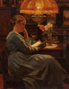 Reading By Lamplight by Viggo Christian Frederick Pedersen