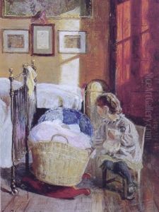 Interior Med Lille Pige Sin Dukke Ved Lillesosters Vugge by Viggo Christian Frederick Pedersen