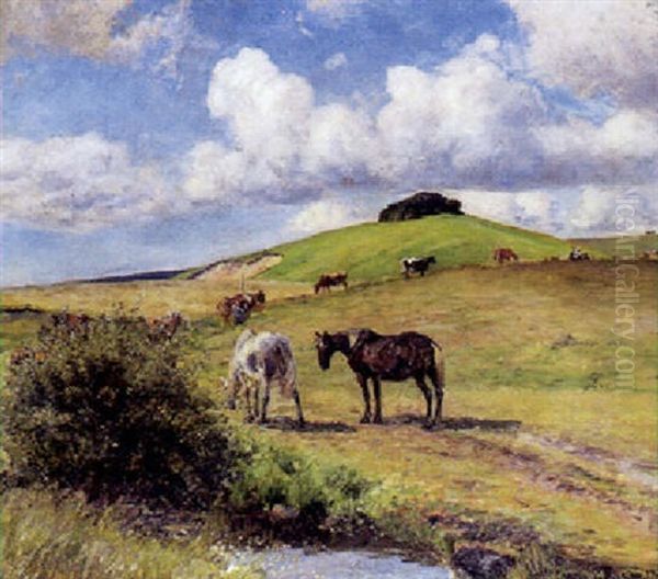 Bakket Landskap Med Graessende Heste Og Koer - view 1