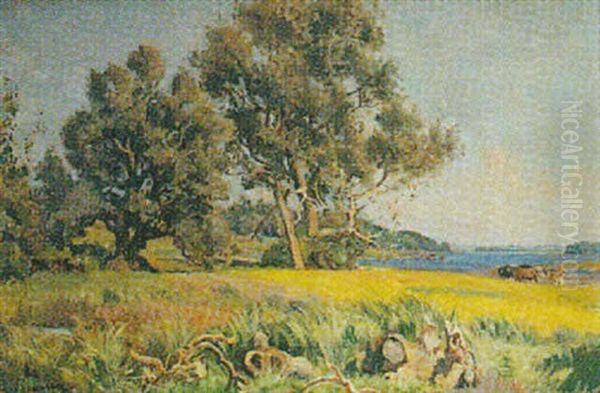 A Figure And Two Horses Beside A Sunlit Lake - view 1