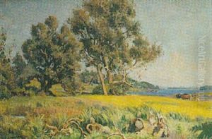 A Figure And Two Horses Beside A Sunlit Lake thumbnail