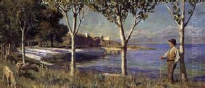 Italiensk Kystparti Med En Farehyrde Der Hviler Sig Op Ad Et Trae by Viggo Christian Frederick Pedersen