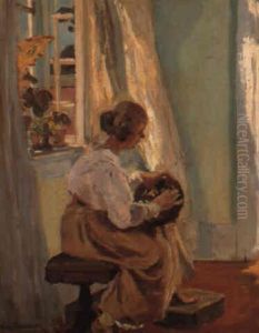 Interior Med Ung Pige, Der Syr Ved Det Abne Vindue by Viggo Christian Frederick Pedersen