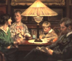 Interior Med Personer Omkring Et Bord I Lampelys by Viggo Christian Frederick Pedersen