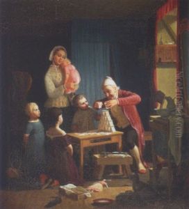 Far Bygger Korthus, Mens Mor Og Bornene Ser Beundrende Til by Wilhelm Thomas Pedersen