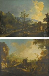 A Pair Of Mountain Landscapes With Travellers On A Road, Both With Ruined Towers And Rural Buildings by Bartolomeo Pedon
