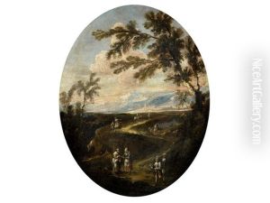 Travellers On A Country Path, An Italianate Landscape Beyond (+ Drovers Resting By Architectural Ruins With Their Flocks; Pair)