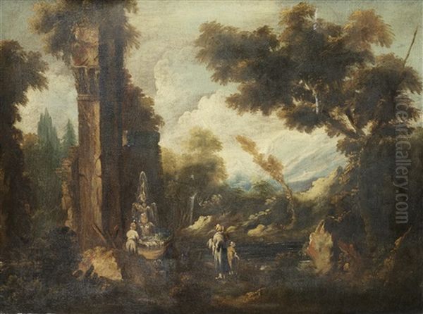An Italianate Landscape With Figures Approaching A Fountain Amongst Ruined Buildings - view 1