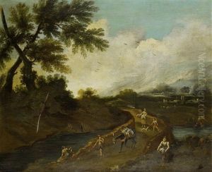 A Wooded Landscape With Travellers And A Mule Crossing A Bridge, With Mountains Beyond; And Travellers On A Bridge Above A Waterfall With A Hilltop Village Beyond (2 Works) by Bartolomeo Pedon