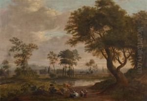 Tumpellandschaft Mit Hirten, Schafen Und Ziegen - Im Hintergrund Bauern Bei Der Feldarbeit by Bartolomeo Pedon