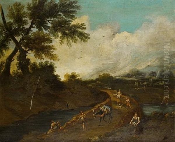A Wooded Landscape With Travellers And A Mule Crossing A Bridge...(+ Travellers On A Bridge Above A Waterfall With A Hilltop Village Beyond; Pair) - view 1