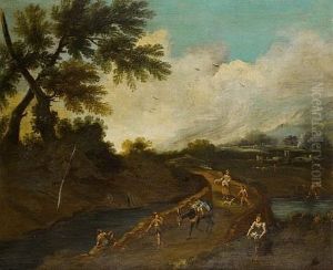 A Wooded Landscape With Travellers And A Mule Crossing A Bridge...(+ Travellers On A Bridge Above A Waterfall With A Hilltop Village Beyond; Pair) by Bartolomeo Pedon