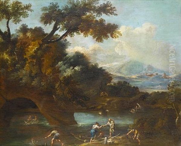 A Wooded Landscape With A Fisherman Drawing In His Catch, Other Figures Loading A Rowing Boat And Other Vessels On A River With Mountains Beyond - view 1