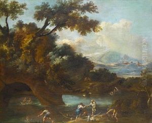 A Wooded Landscape With A Fisherman Drawing In His Catch, Other Figures Loading A Rowing Boat And Other Vessels On A River With Mountains Beyond by Bartolomeo Pedon