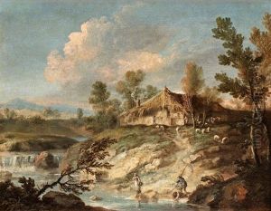 Pastoralt Landskap Med Figurer Och Boskap Vid Byggnad by Bartolomeo Pedon