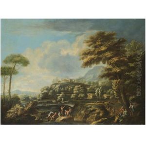 An Extensive River Landscape, With Fishermen Drawing Their Nets In The Foreground, A Hilltop Town Beyond