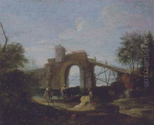 Paesaggio Fluviale Con Un Ponte Diroccato, Un Barcaiolo E Due Astanti