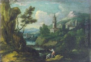 Paesaggio Lacustre Con Due Astanti E Un Borgo Turrito In Lontananza by Bartolomeo Pedon