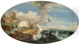 Ships In A Storm Off A Rocky Coast