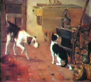Escena De Interior Con Animales                             Domesticos Y Utiles De Caza by Jose Ostos Pedraza