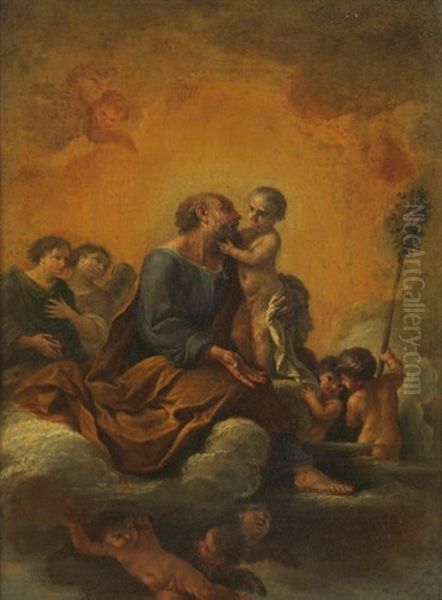 Saint Joseph Et L'enfant Jesus Entoures D'anges Et D'angelots - view 1