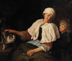 An Elderly Woman With A Boy And A Cat In An Interior by Jan Van Pee