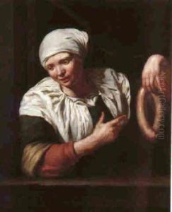 Portrait Of A Young Woman Wearing A Bonnet At A Window, Holding A Sausage Portrait Of A Young Woman Wearing A Bonnet At A Window, Holding A Sausage