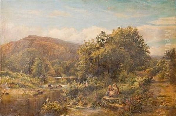 Two Girls Gathering Flowers By A Mountain Stream - view 1