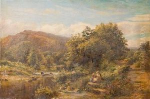 Two Girls Gathering Flowers By A Mountain Stream