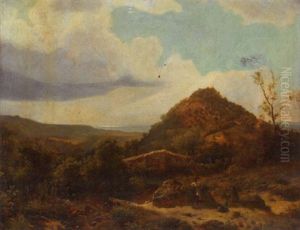 Figures And A Dog Resting In An Extensive Rolling Landscape by James Peel