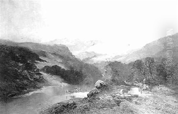 Felling Trees And Cattle Watering In A Mountainous River Landscape - view 1