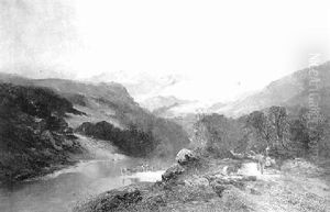 Felling Trees And Cattle Watering In A Mountainous River Landscape by James Peel