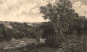 A Wooded Landscape With Cows Wading In The Distance by James Peel