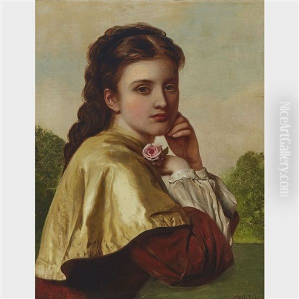 Lady In Satin Cape With Pink Rose, Ca. 1880 - view 1