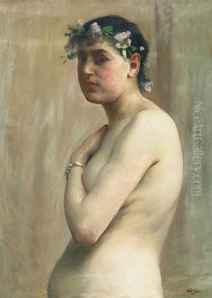 Female Nude With Floral Head Wreath - view 1
