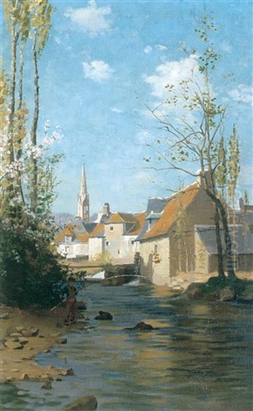 Boy Fishing In A Village Stream - view 1
