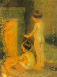 Children Warming Themselves By The Fire by Paul Peel