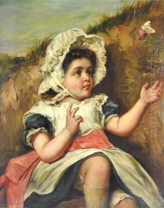 Young Girl In A Bonnet Watching A Butterfly Beside A Bank by John Thomas Peele