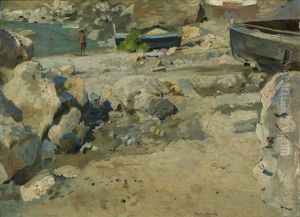 Capri Marina Piccola (kleine Bucht Mit Fischerbooten Und Badenden) by Ernst Carl Friedrich te Peerdt