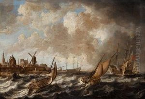 Barcos En La Tempestad Con Ciudad Al Fondo by Bonaventura Peeters the Elder