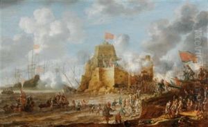A Coastal Landscape With Turkish Soldiers Attacking A Christian Fortress by Bonaventura Peeters the Elder