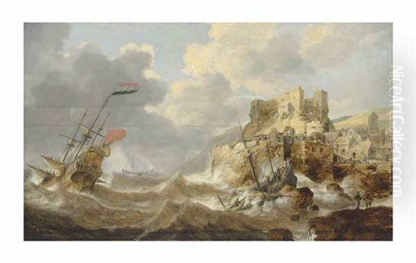 A Coastal Landscape With A Dutch Three-master In Distress And A Shipwreck By A Fortified Town - view 1