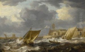 Vessels And A Rowing Boat On Choppy Waters, Near A Small Harbor Town With A Windmill, Possibly Hoboken by Bonaventura Peeters the Elder