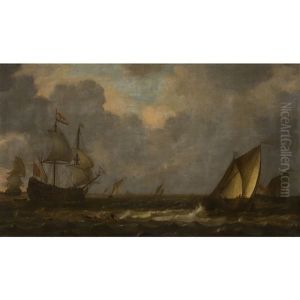 Man Of War, Fishing Barges And Rowing Boat In Rough Seas by Bonaventura Peeters the Elder