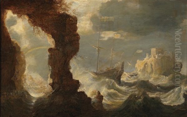A Ship In A Tempest Off A Rocky Coast - view 1
