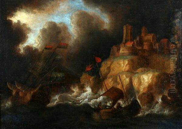 Ships On A Stormy Sea Off A Rocky Coast - view 1