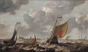 A Dutch Man-of-war And Other Ships In Choppy Waters Before The Town Of Veere by Bonaventura Peeters the Elder