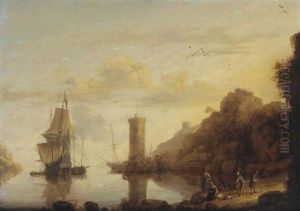 An Italianate, Mountainous Bay With Dutch Ships At Anchor, Figures Resting On The Shore Before A Tower