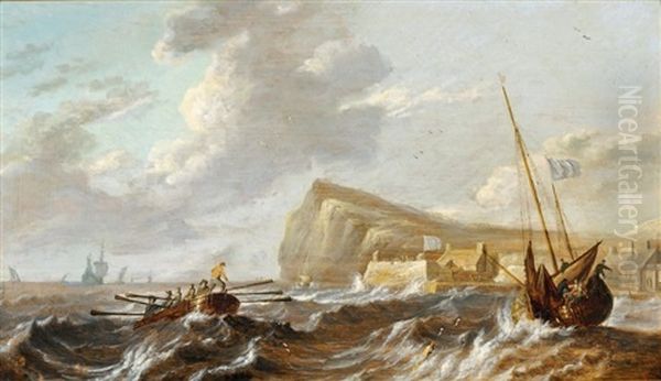 Barque Et Navire Par Gros Temps Pres D'une Cote Rocheuse (triptych) - view 1