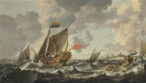 A Rowing Vessel Approaching A Zeeland States Yacht Firing A Salute, In Choppy Sees Off Vlissingen, With Other Shipping Beyond by Bonaventura Peeters the Elder